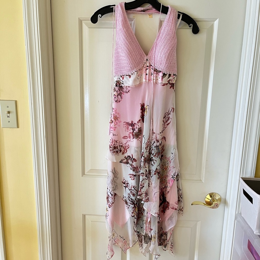 PRE-LOVED SUE WONG BEADED HALTER FLORAL RUFFLE DRESS